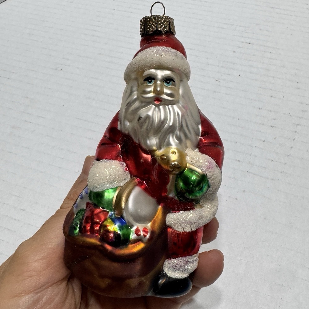 Vintage Figural Glass Santa Claus Christmas Ornament 4.5" Gift Presents Sack